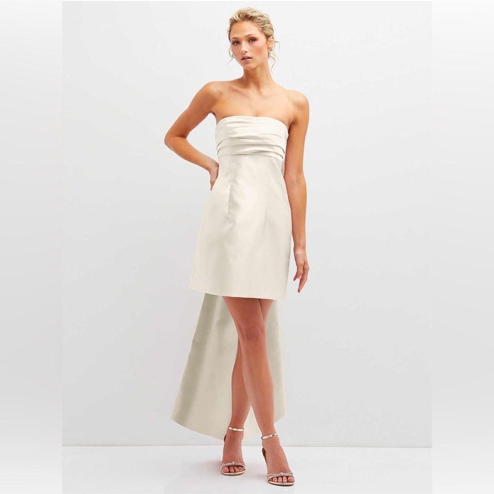 Dessy Group STRAPLESS SATIN COLUMN MINI DRESS WITH OVERSIZED BOW IN IVORY